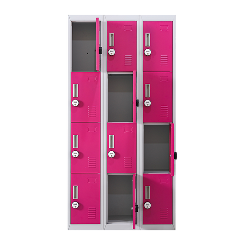 12-Door Locker – Grey with Pink Door with 4-Digit Combination Lock | Secure Storage for Office, Gym or School Use