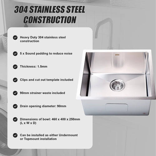 510x450mm Handmade 1.5mm Stainless Steel Sink – Undermount/Topmount with Waste & Stainless Steel with brushed finish Look
