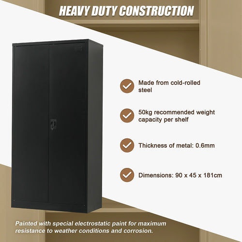 Double-Door Metal Cabinet with 4 Shelves – Office, Garage, or Home Storage in Black without Legs