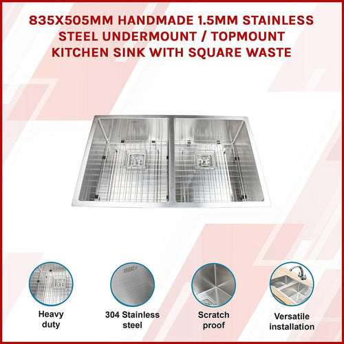 835x505mm Handmade 1.5mm Stainless Steel Sink with Square Waste