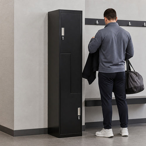 Metal Storage Locker with L-Shaped Doors – Black, Padlock-operated