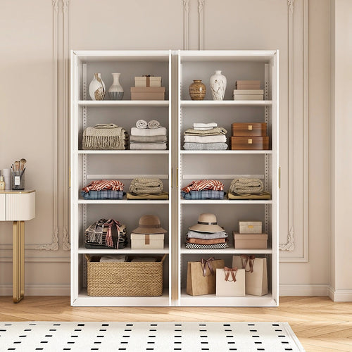 160x200cm 4-Door White Steel Shelf Wardrobe with Gold Handle Storage Cabinet