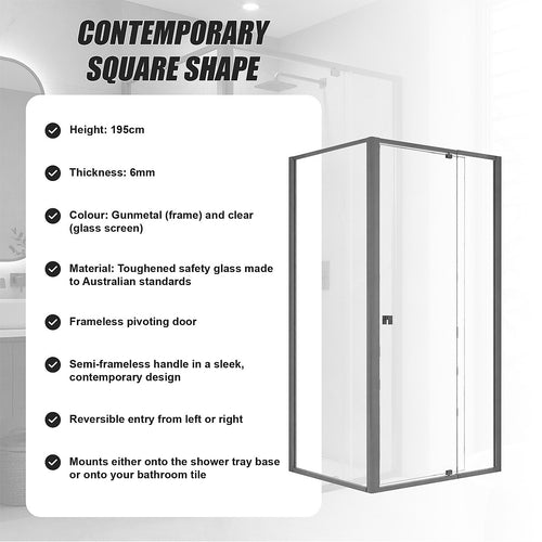 Semi-Frameless Shower Screen – Gunmetal, Front: (98~106)x195cm, Side: (77~80)x195cm