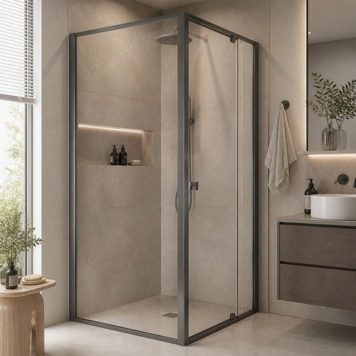 Semi-Frameless Shower Screen – Gunmetal, Front: (74~82)x195cm, Side: (77~80)x195cm