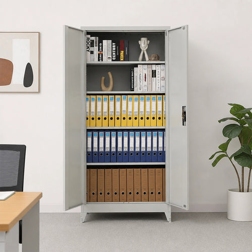 Double-Door Metal Cabinet with 4 Shelves – Office, Garage, or Home Storage in Grey with Legs
