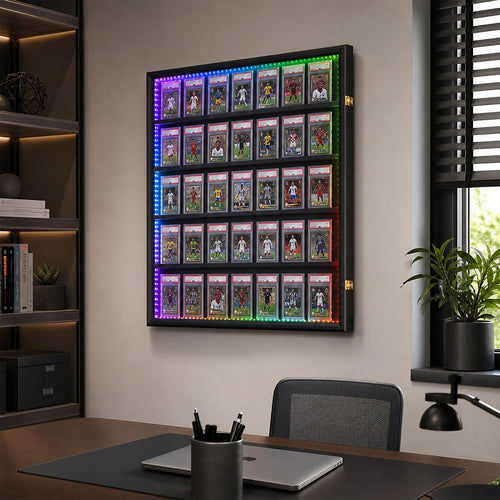 LED Trading Card Display Case for 35 Graded Cards Lockable Wall Frame