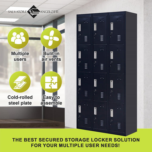 12-Door Locker – Black Standard Lock with 2 Keys | Secure Storage for Office, Gym, School