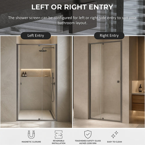 Semi-Frameless Shower Screen – Gunmetal, Front: (82~90)x195cm, No Side Return