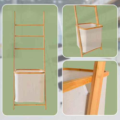 Wall Leaning Ladder Shelf with Laundry Basket Clothes Hamper Bath Towel Rack