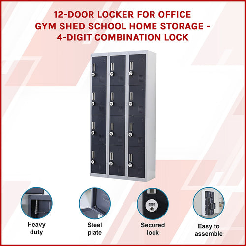 12-Door Locker – Grey with Charcoal Door with 4-Digit Combination Lock | Secure Storage for Office, Gym or School Use