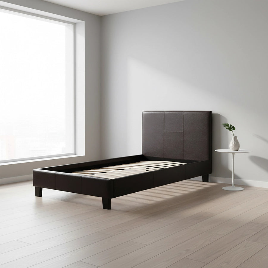 Single Size Bed Frame with Headboard – Brown PU Leather