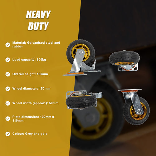 Castor Wheels 4 x 6" 150mm Swivel Silent Caster 2 Brakes 800KG