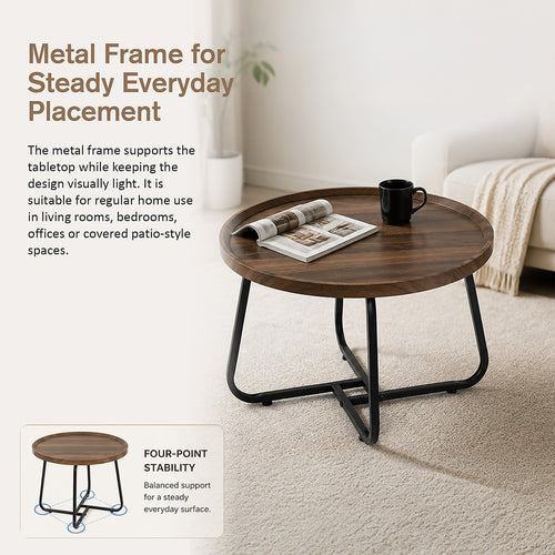 Round Side Table with Wood-Look Tray Top & Black Frame