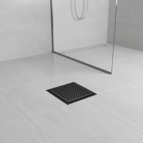 10 x 10cm Square Shower Drain with Grid Pattern Grate – Matte Black Stainless Steel