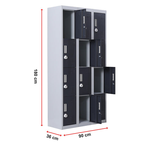 12-Door Locker – Grey with Charcoal Door with 3-Digit Combination Lock | Secure Storage for Office, Gym or School Use