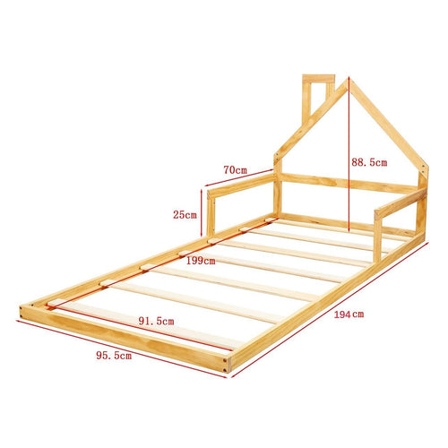 Pine Floor Bed House Frame in Wood for Kids and Toddlers - Single