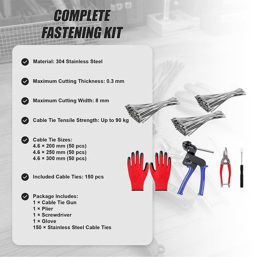 Cable Tie Gun Kit with 150 Stainless Steel Cable Ties & Tools