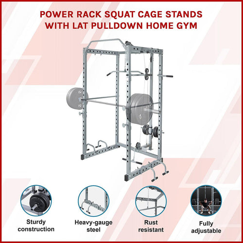 Power Rack Squat Cage Stands w Lat Pulldown Home Gym