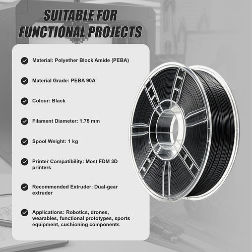PEBA 90A 3D Printer Filament 1.75mm 1KG Black High Rebound Flexible