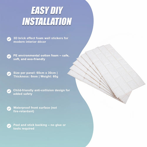 3D Brick Wall Tile Stickers 60x30cm – 50 Pack Peel & Stick Wallpaper Panels for Home Décor