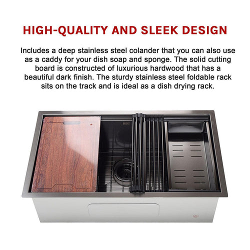 32" Workstation Kitchen Single Bowl Sink in Nano Black with Brushed Finish