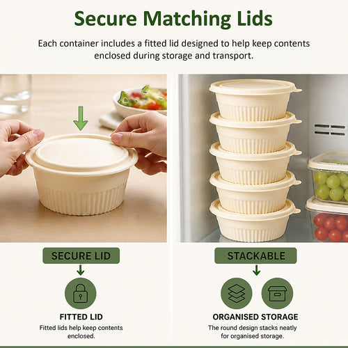 100PCS Corn Starch Food Containers with Lids Round Takeaway Boxes 1000mL