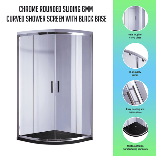 100 x 100cm Rounded Sliding 6mm Curved Shower Screen with Base in Chrome with Black Base