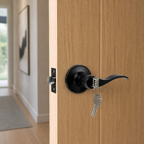 Door Handle Set Lever – Key Lock Function with Wave-style Black Design and Functional Style