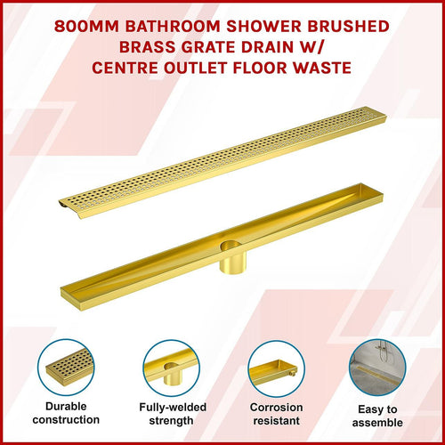 80cm Bathroom Shower Brushed Brass Grate Drain w/ Centre outlet Floor Waste
