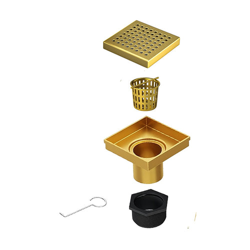 10 x 10cm Square Shower Drain with Grid Pattern Grate – Brushed Gold Stainless Steel