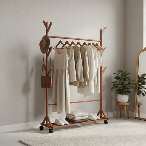 Portable Clothes Rack Coat & Garment Stand – Bamboo Rail Hanger Closet Airer in Dark Wood