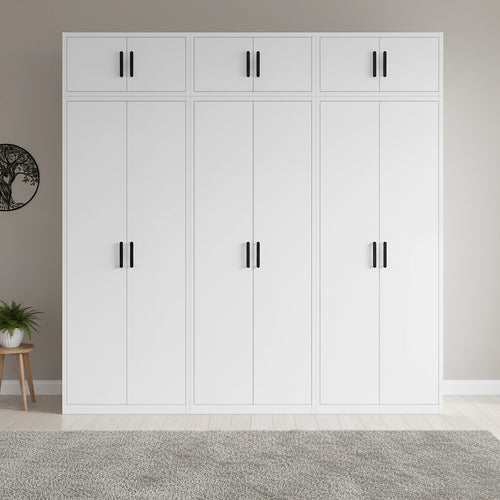 240x240cm 6-Door White Steel Shelf Wardrobe with Black Handle Storage Cabinet