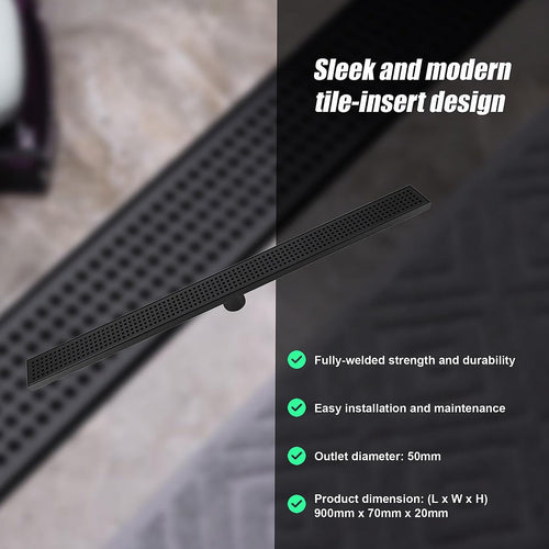 90cm Bathroom Shower Black Grate Drain w/ Centre outlet Floor Waste