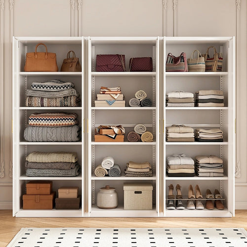 240x200cm 6-Door White Steel Shelf Wardrobe with Gold Handle Storage Cabinet