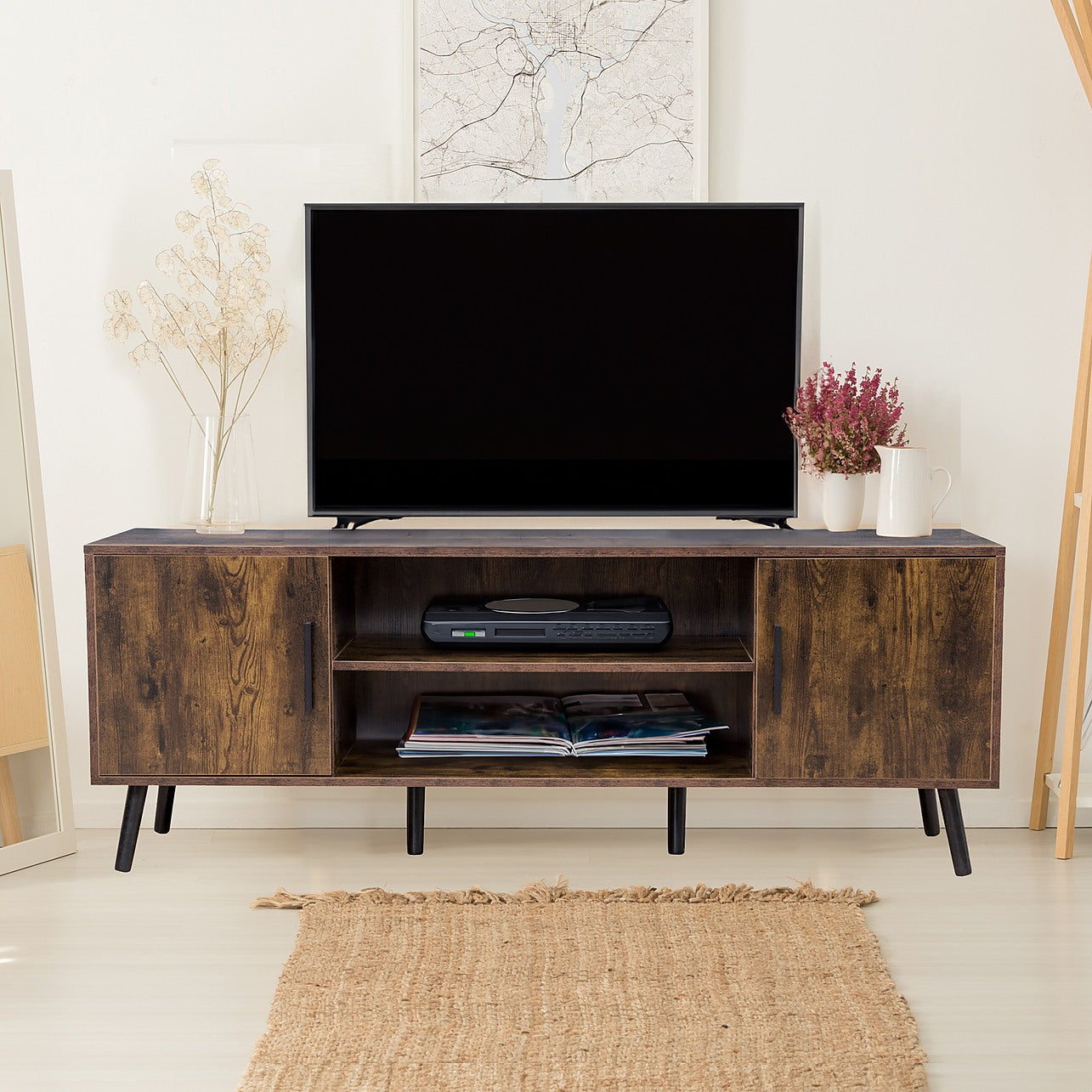 Unit Stand Modern TV Cabinet Entertainment Unit Stand Storage - Dark Walnut ...