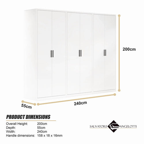 240x200cm 6-Door White Steel 2 Hanging and 1 Shelf Wardrobe with Black Handle Storage Cabinet