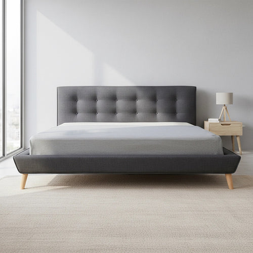 King Linen Fabric Bed with Button Tufted Headboard - Grey
