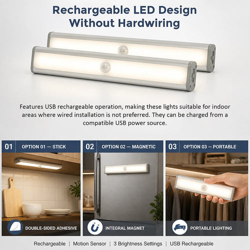 Wardrobe Lights with Sensor – 2-Pack Rechargeable LED Motion Detection