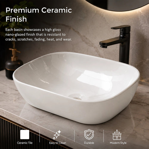 Ceramic Bathroom Basin – Vanity Sink Above Counter Top Mount Bowl for Modern Bathrooms