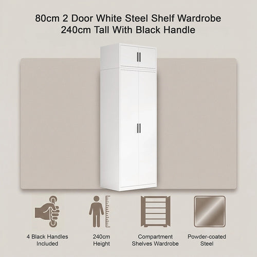 80x240cm 2-Door White Steel Shelf Wardrobe with Black Handle Storage Cabinet