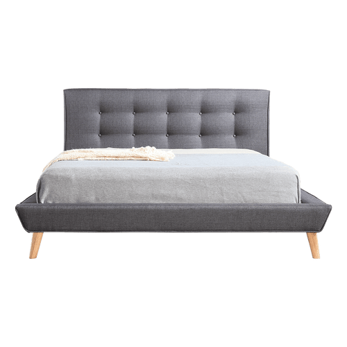Double Linen Fabric Bed with Button Tufted Headboard - Grey