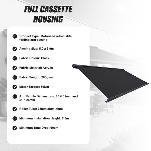Motorised Folding Arm Awning 5x3m | Full Cassette Black