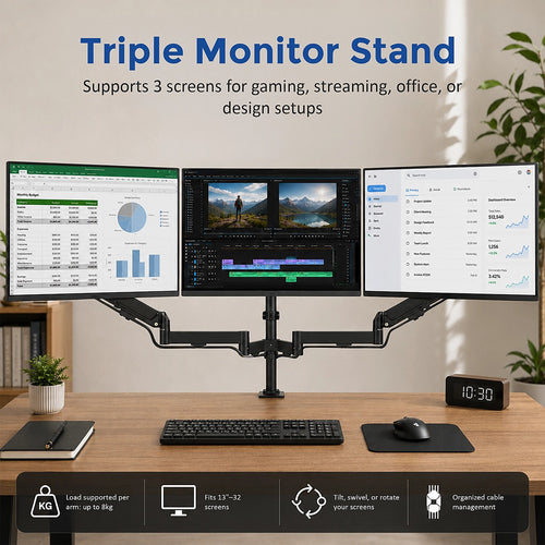 Triple Computer Monitor Mount Stand – Desk Clamp with 3 Adjustable Arms for Multi-Screen Display Setup