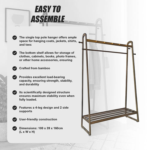 Dark Wood Slim Clothes Rack 160x100cm Space Saving Floor Stand