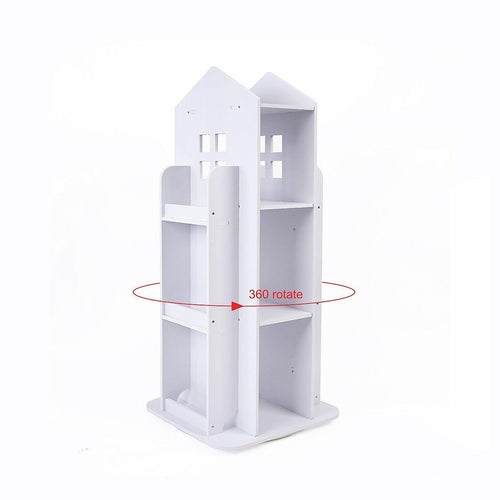 Rotating Bookcase Bookshelf Kids Book Organiser Rack Wooden Castle Display Shelf
