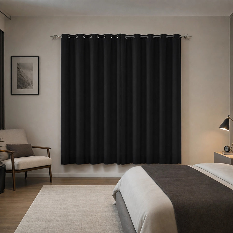 Black 2X Blockout Curtains – Blackout Window Draperies Pair with Eyelets for Bedroom 132x160cm
