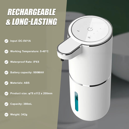380mL Automatic Soap Dispenser – Touchless, Rechargeable Sensor for Bathroom & Kitchen