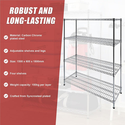 Modular Wire Storage Shelf 1500 x 600 x 1800mm Steel Shelving - Carbon Chrome Plated