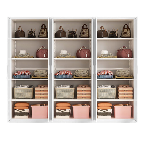 240x200cm 6-Door White Steel Shelf Wardrobe with White Handle Storage Cabinet