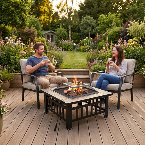 Square Fire Pit – Metal Design with Mesh Screen Lid & Poker